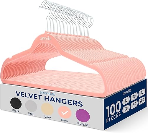 SereneLife 100 Pack Velvet Hangers - Non-Slip Felt with 360° Swivel Hook, Space-Saving, Ultra-Thin, Lightweight for Shirts, Sweaters, Hoodies, Kids Clothes & Dresses