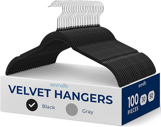 SereneLife 100-Pack Velvet Non-Slip Hangers – Slim Space-Saving Black Clothes Hangers with 360° Swivel Hooks, Heavy Duty Design for Shirts, Coats, Dresses & Closet Organization