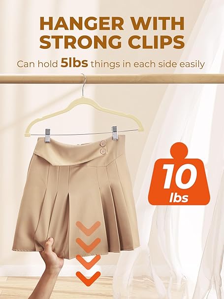 HOUSE DAY Velvet Skirt Hangers 24 Pack, Beige Velvet Pant Hangers with Adjustable Clips, Space Saving Slim Shorts Hanger, Heavy Duty Non Slip Clip Hanger for Pants, Skirts, Shorts