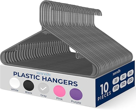 SereneLife Premium 10 Pack Plastic Hangers, Lightweight, Durable, Space Saving Clothes Organizers, Suitable for Shirts, Sweaters, Hoodies, Dresses, Kids Clothes, Good for Home Organization (Gray)