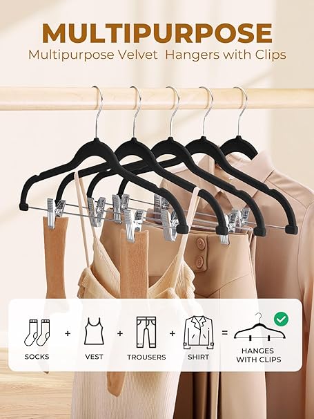 HOUSE DAY Velvet Skirt Hangers 36 Pack, Black Velvet Pant Hangers with Adjustable Clips, Space Saving Slim Shorts Hanger, Heavy Duty Non Slip Clip Hanger for Pants, Skirts, Shorts