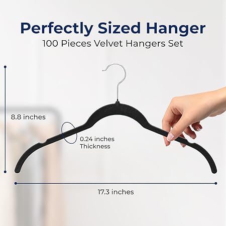 SereneLife 100-Pack Velvet Non-Slip Hangers – Slim Space-Saving Black Clothes Hangers with 360° Swivel Hooks, Heavy Duty Design for Shirts, Coats, Dresses & Closet Organization