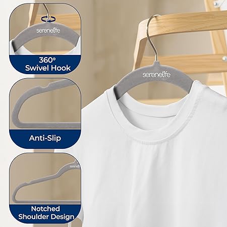 SereneLife 100-Pack Premium Velvet Hangers – Ultra-Thin, Non-Slip & Heavy-Duty Clothes Hangers with 360° Swivel Hooks – Space-Saving Velvet Coat Hanger Set for Shirts, Suits, Dresses & Jackets