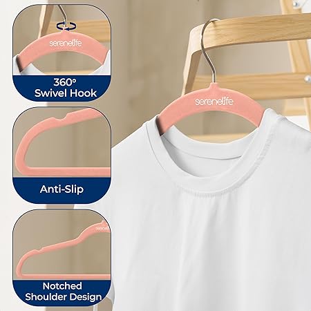 SereneLife 100 Pack Velvet Hangers - Non-Slip Felt with 360° Swivel Hook, Space-Saving, Ultra-Thin, Lightweight for Shirts, Sweaters, Hoodies, Kids Clothes & Dresses