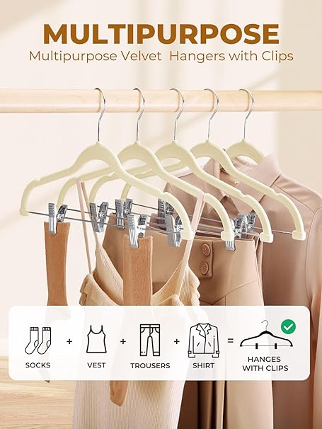 HOUSE DAY Velvet Skirt Hangers 24 Pack, Beige Velvet Pant Hangers with Adjustable Clips, Space Saving Slim Shorts Hanger, Heavy Duty Non Slip Clip Hanger for Pants, Skirts, Shorts