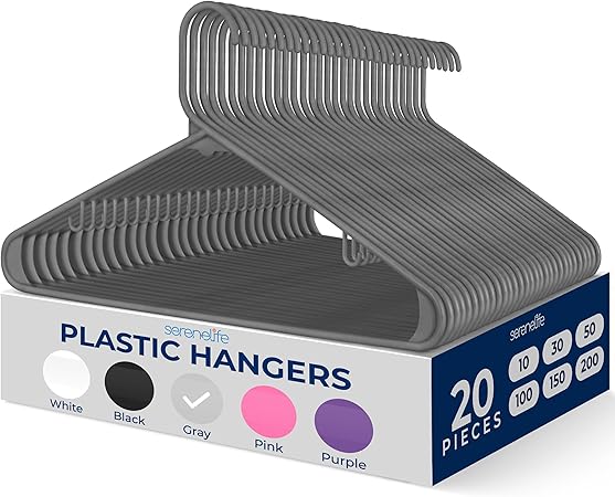SereneLife Premium 20 Pack Plastic Hangers, Lightweight, Durable, Space Saving Clothes Organizers, Suitable for Shirts, Sweaters, Hoodies, Dresses, Kids Clothes, Good for Home Organization (Gray