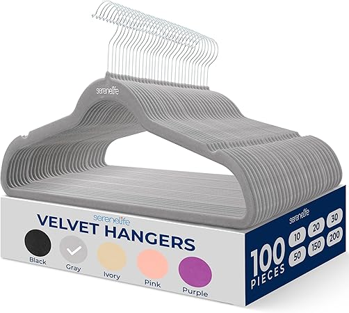 SereneLife 100-Pack Premium Velvet Hangers – Ultra-Thin, Non-Slip & Heavy-Duty Clothes Hangers with 360° Swivel Hooks – Space-Saving Velvet Coat Hanger Set for Shirts, Suits, Dresses & Jackets